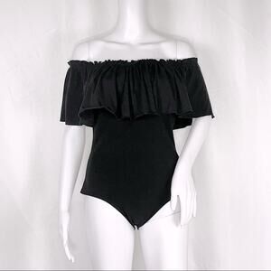 Chaser Black Ruffle Elastic Off Shoulder Sleeves Bodysuit SzM Full Coverage Back